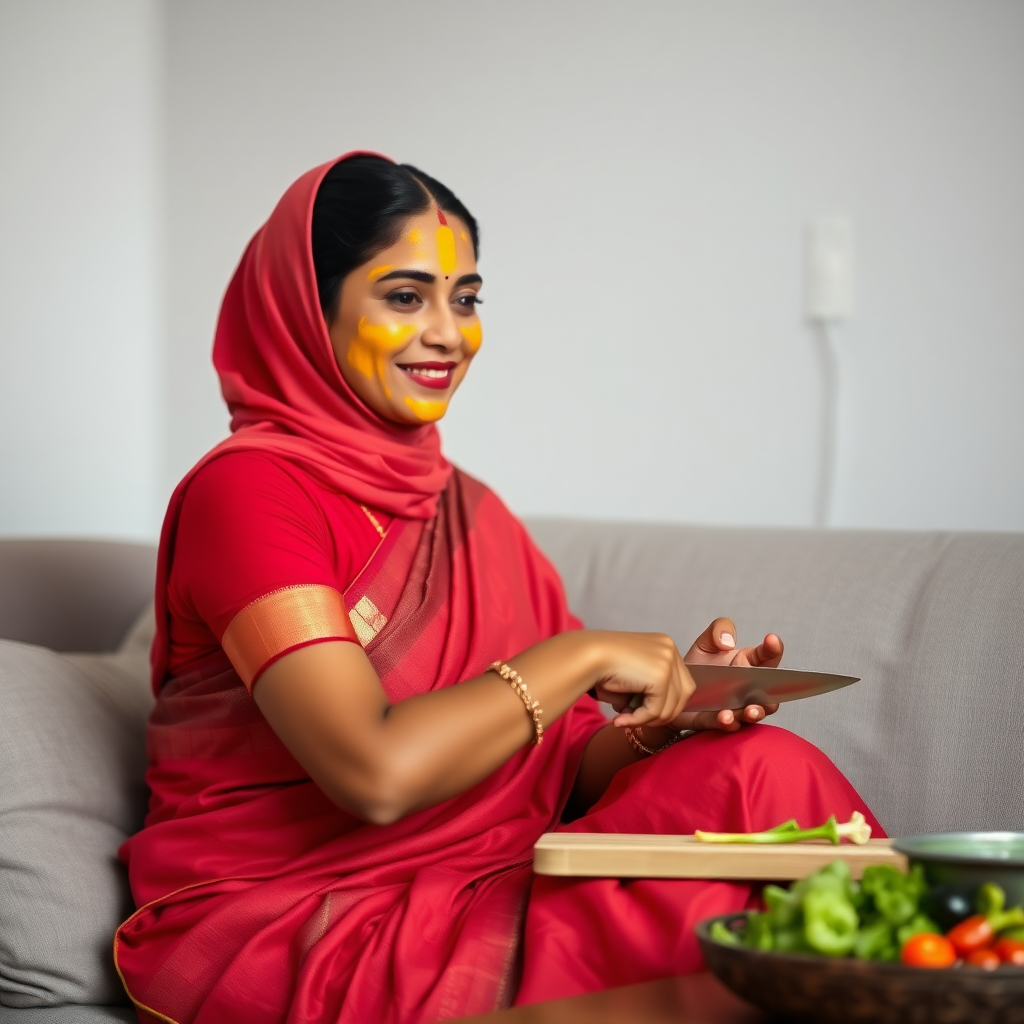 slim, 30 year old, modern indian wife with saree and hijab, turmeric paste on her face. she is sitting on a sofa and cutting vegetables