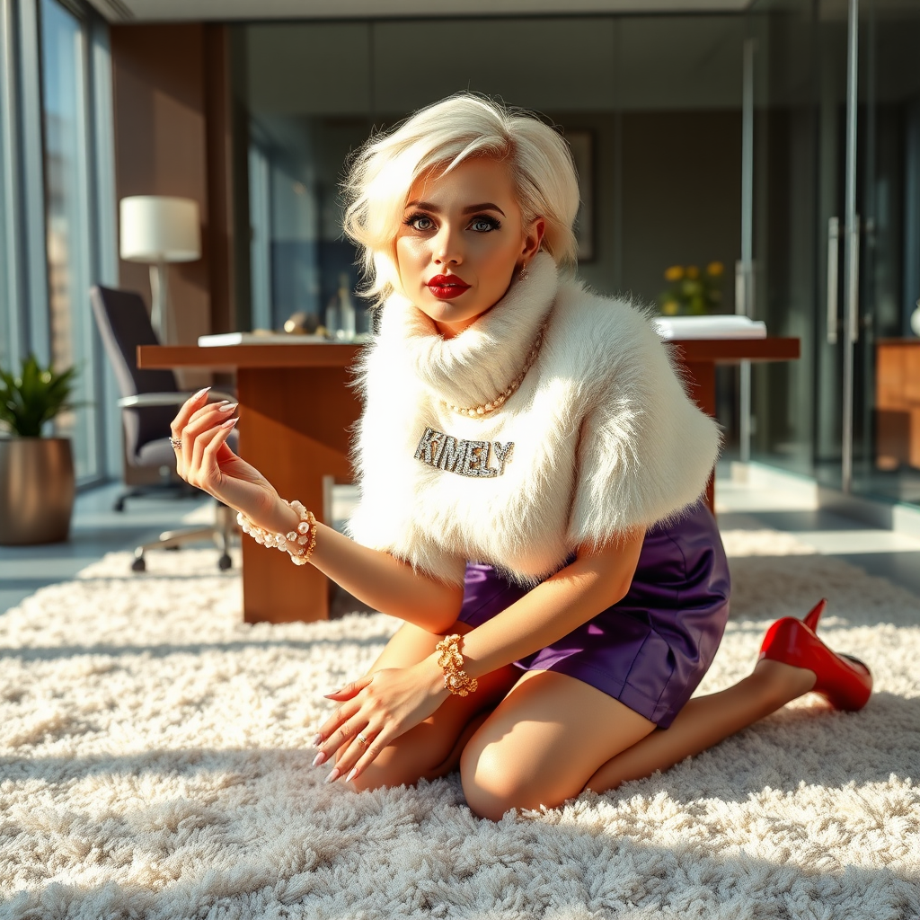 Sunny spring morning, modern glass-steel-concrete office, kneeling on fluffy carpet in front of CEO’s desk: Kimberly, 19 years old very convincing femboy “trophy-bimbo”, tamed servile docile, very beautiful feminine flawless face, rather short, by hormones very curvaceous womanly figured, platinum blond short tight curls, bold red lips, long white French nails, heavily made-up face, wearing Supertanya-style fluffy very fuzzy bright white angora turtleneck-poncho cropped ending under bust decorated with pearls and glass stones, purple vinyl pleated mini-skirt, bright red pumps with golden very high heels, white pearl belly piercing, large pearl earrings, striking diamond “KIMBERLY” letter brooch on left chest, thick heavy pearl wristlets, pearl anklets, pout frustrated, leaning forward hands on carpet presenting her assets, looking at camera. Focus on face and turtleneck-poncho.