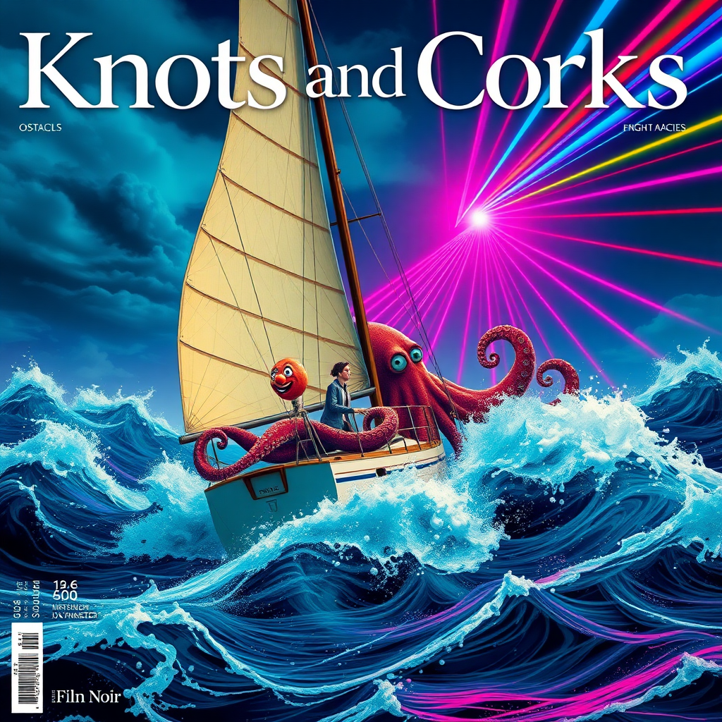 Generate an image. A fictional magazine cover, high resolution, portrait DiN A4.

The magazine is called "Knots and Corks". In the style of Film Noir.

A sailing yacht is in stormy seas.

A woman is struggling with the waves.

An octopus with a clown face is curling around the yacht. 
The atmosphere is psychedelic, colorful, the sky is friendly, colorful laser holograms rise from the waves.