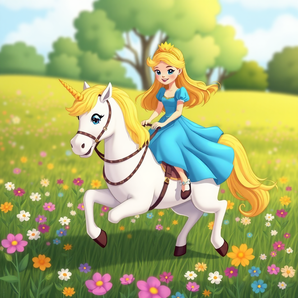 A cartoon princess in a blue dress riding a unicorn with reins through a field of flowers