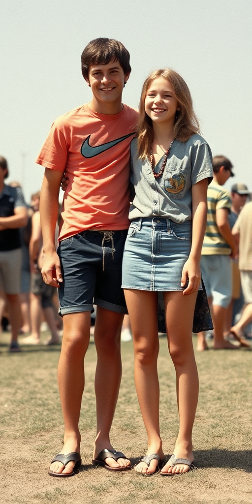 Vintage photo, 1980s. Hot summer. Woodstock. A tall skinny 13yo teen boy wearing short shirt, tight booty shorts, long legs, bare thighs. With a girl wearing shirt, long skirt. Full length view.