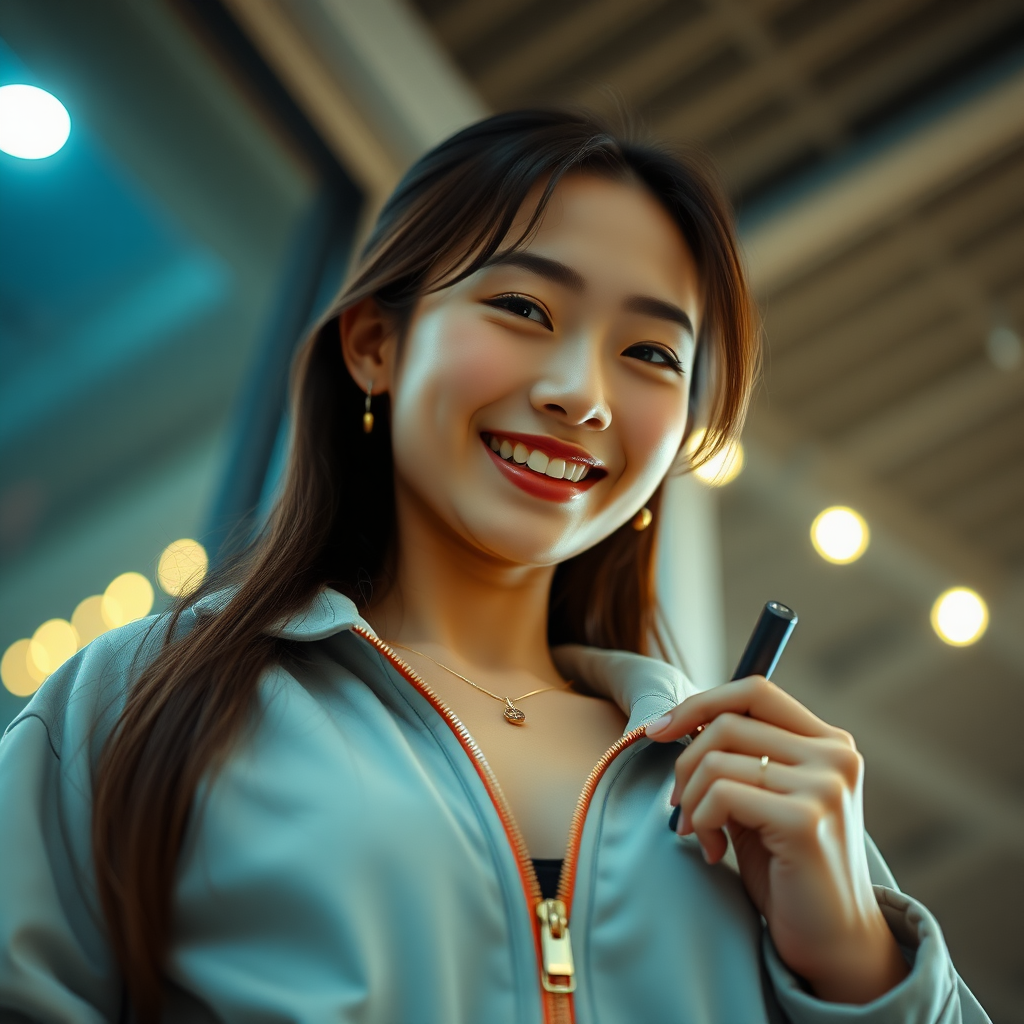 photo low angle full body shot beautiful xiaomeimei smiles and holds something near her pants zipper