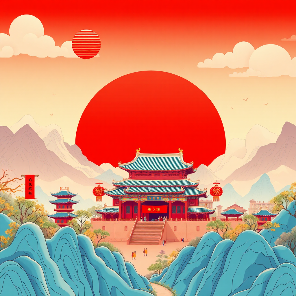 Template: Chinese art, The Chinese people celebrate their National Day, 【City Name, Landmark Name】, uses a psychedelic color scheme, ultra detailed, illustrations, light red and sky blue, fictional landscapes, psychedelic cartoons, mountain scenery, uhd images, illustration