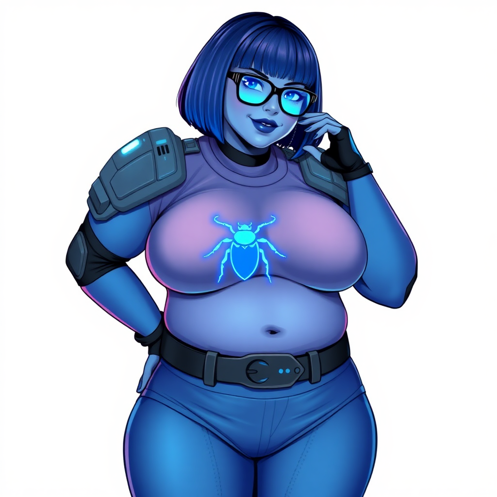 A 28-year-old, full-figured, metallic maximum blue (5PB 5/10) skinned computer program hybrid with a maximum blue bob cut. She has a non-athletic build, highlighted by a prominent, round, large midsection (with full emphasis on her round belly), which shows the effects of her love of junk food acquired from her boyfriend. As the full-figured, nerdy, digital sidekick to her cyberpunk vigilante boyfriend, her metallic maximum blue skin and maximum blue lipstick (5PB 5/12) emphasize her digital nature. Her skin has a subtle, animated glow, with digital patterns occasionally flickering across it, making her digital nature obvious. She wears a digital, computerized costume, consisting of a massive, tight-fitting, maximum blue biker shirt (5PB 5/12) made out of advanced nanotech with a neon blue chest icon of a beetle, hi-tech shoulder pads with neon blue accents, a black hi-tech belt with a digital neon blue glowing buckle, digital maximum blue biker pants (5PB 5/12) with neon blue accents, and black hi-tech fingerless biker gloves with neon blue glowing accents. Her neon blue glowing eyes, black eyeglasses with neon blue glowing lenses equipped with a built-in HUD, and bashful smile with neon red blush accentuate her nerdiness. She stands bashfully with one hand behind her back and the other hand gently touching her cheek, her costume covering all her skin (especially her midsection) and fully emphasizing her full figure (especially her round belly). She is clearly non-athletic, with a focus on her full-figured physique. Despite her build, she radiates beauty. She has a slim face compared to her physique, accentuating her radiant beauty. She is on a solid white background. She is drawn as if she were in a retro 2D cyberpunk fighting game.