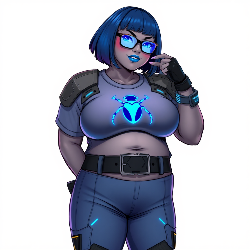 A 28-year-old, full-figured, metallic middle gray (N5) skinned computer program hybrid with a maximum blue bob cut. She has a full-figured, non-athletic build, highlighted by a prominent, round, large midsection (with full emphasis on her large belly), which shows the effects of her new love of junk food acquired from her boyfriend. As the full-figured, nerdy, digital sidekick to her cyberpunk vigilante boyfriend, her metallic middle gray (N5) skin and maximum blue lipstick emphasize her digital nature. She wears a digital, computerized costume, consisting of a huge, tight-fitting, maximum blue t-shirt with a neon blue glowing chest icon of a beetle, hi-tech shoulder pads with neon blue accents, a black hi-tech belt with a maximum blue beetle digital buckle, digital maximum blue biker pants with neon blue accents, and black hi-tech biker gloves with neon blue glowing accents. Her neon blue glowing eyes, black eyeglasses with neon blue lenses equipped with a built-in HUD, and bashful smile with neon red blush accentuate her nerdiness. She stands bashfully with one hand behind her back and the other hand gently touching her cheek, her costume covering all her skin (including her large midsection) and heavily emphasizing her full-figured physique (especially her large belly). She is clearly non-athletic, with a full focus on her full-figured physique. Despite her full-figured build, she radiates beauty. She has a slim face compared to her physique, accentuating her radiant beauty. She is on a solid white background. She is drawn as if she were in a retro 2D cyberpunk fighting game. Ensure she has a deep middle gray (N5) skin color.