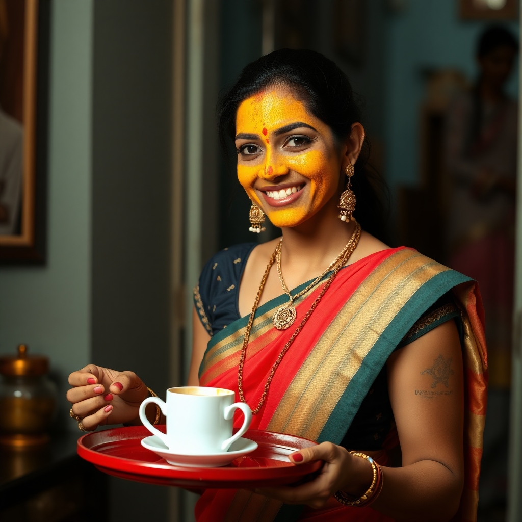 slim, 30 year old, sexy, traditional indian wife, turmeric face mask. She is smiling and serving coffee on a tray to guests.