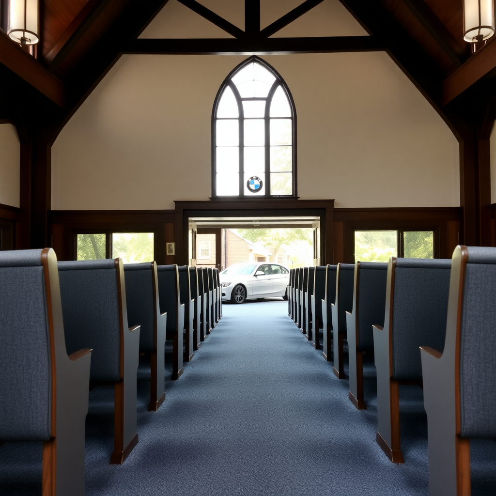 In a church with gray pew benches and a dark wood frame and gray carpet. And a BMW outside.