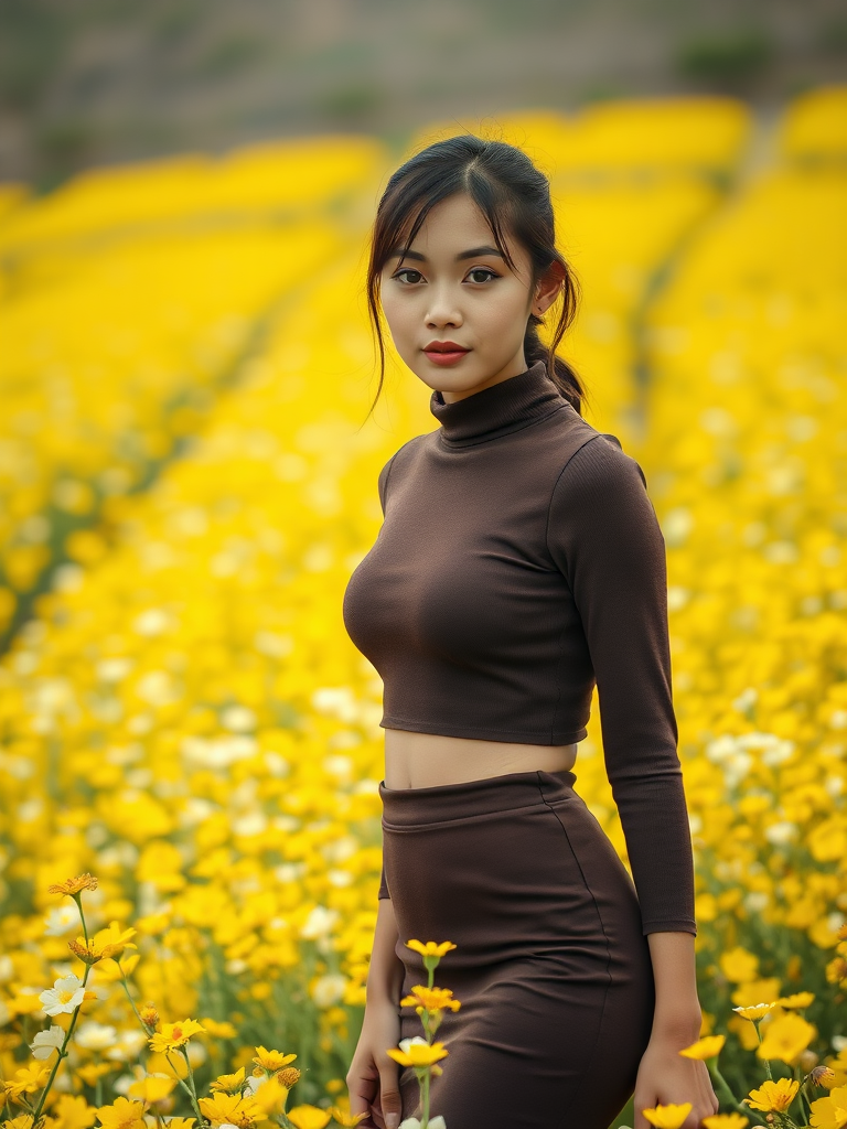 A slim girl in dark brown turtleneck crop top and dark brown body-tight skirt, yellow and white petals flowers field, close-up shot, slim model face, for Instagram post.