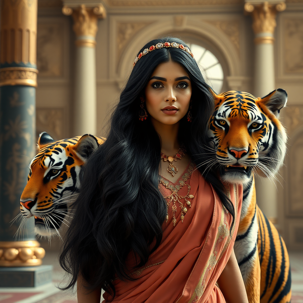 an arabic princess of 19 years standing in the palace. long black hair. a tiger on her side is protecting her. photo