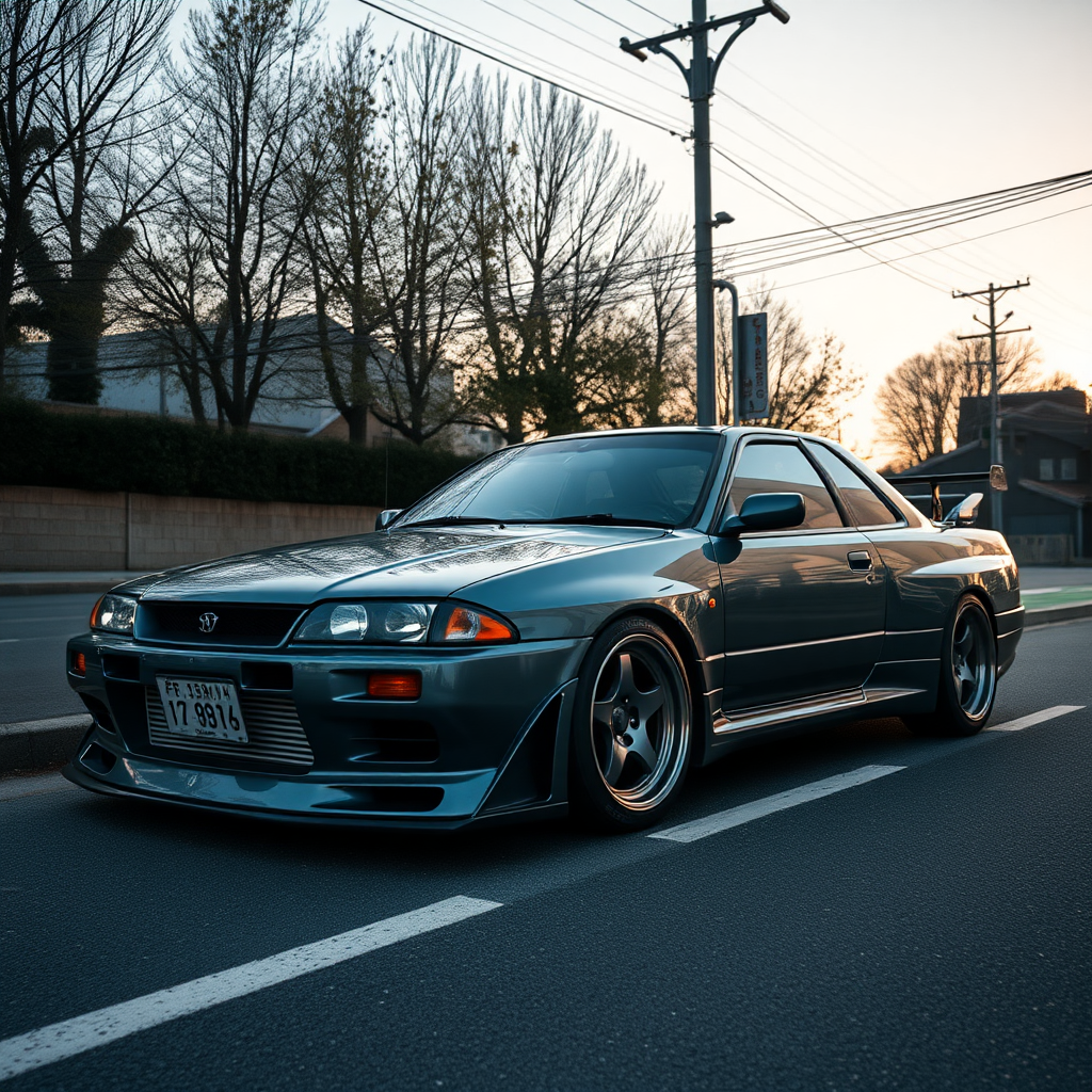 The car is parked on the side of the road, inspired by Taiyō Matsumoto, tumblr, restomod, nd4, c4 metallic shine nissan skyline r34 kalabalik tokyo gece arkaplan