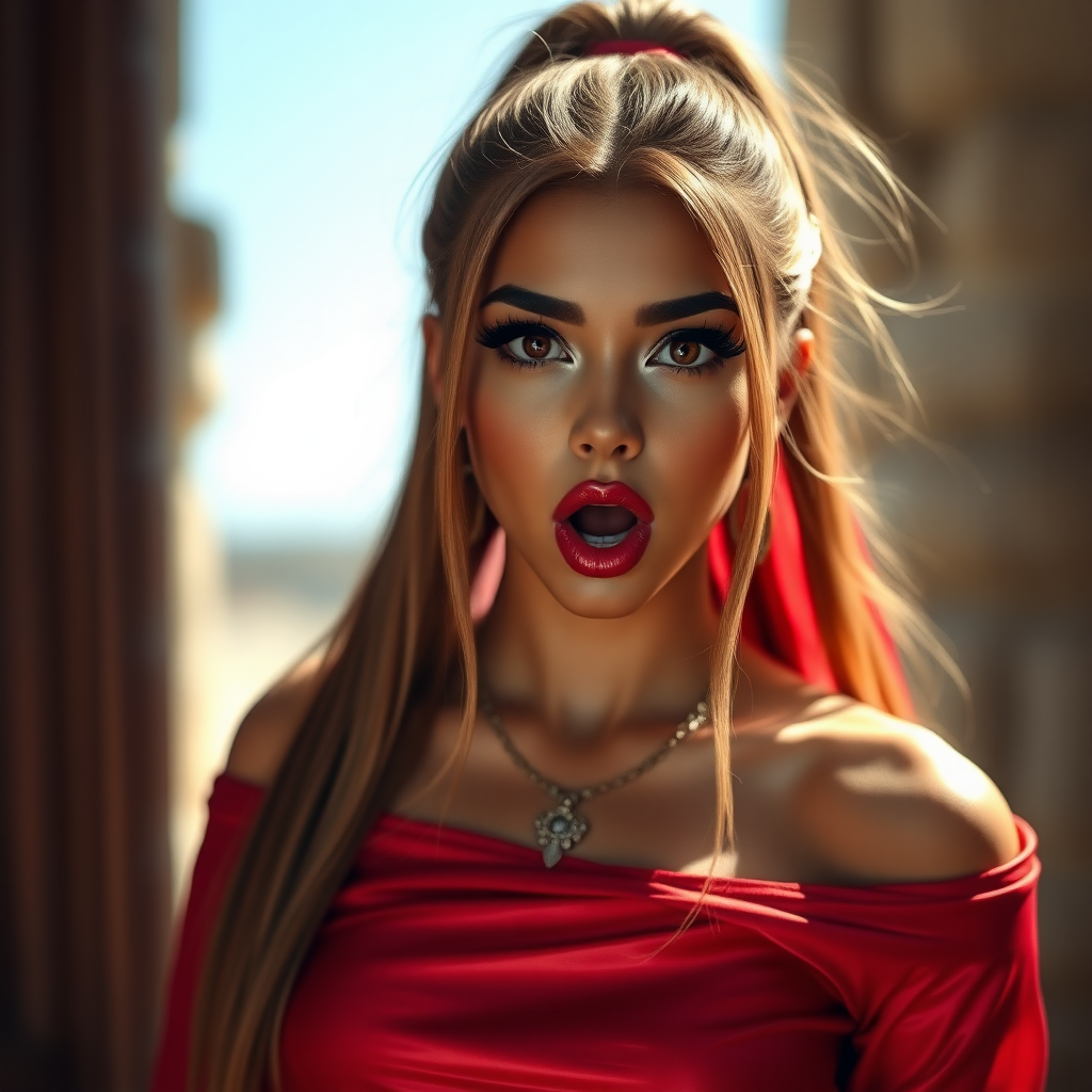 surprised Arabian girl with mouth open. She has very large eyes, black eyeshadow, black eyeliner, fake eyelashes, very tanned skin, very long hair. very high ponytail, red off shoulder shinny crop top. photo realistic