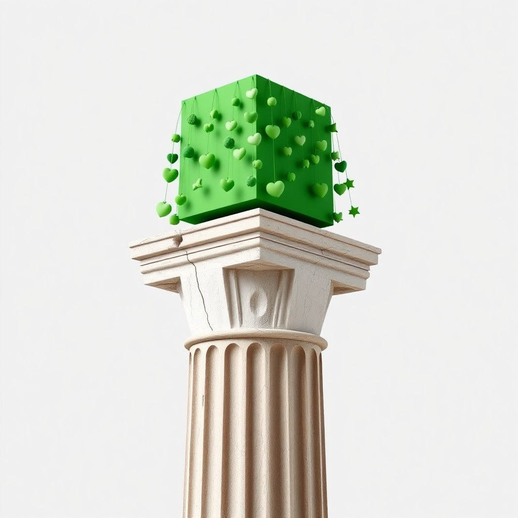 A photograph of an ancient Greek column with weathered, fluted details at the base. Atop the column sits a vibrant, green rectangular volume serving as the capital. Numerous cute, quirky green objects—such as small hearts, stars, and abstract shapes—hang from this rectangular volume, creating a surreal contrast with the aged stone. The overall composition is minimalistic, blending an odd mix of ancient, cute, and weird elements.