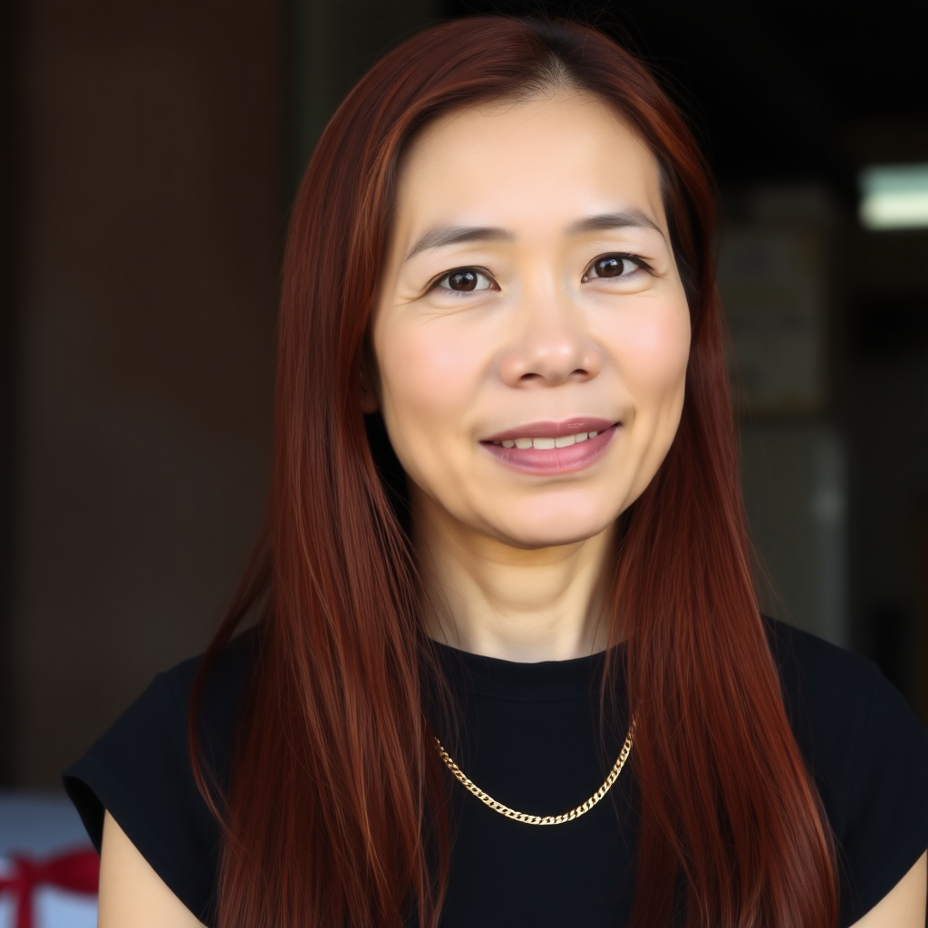 A 45 Year young North-East Thai Woman with cherry red colored long straight Hair and a fine Gold chain.