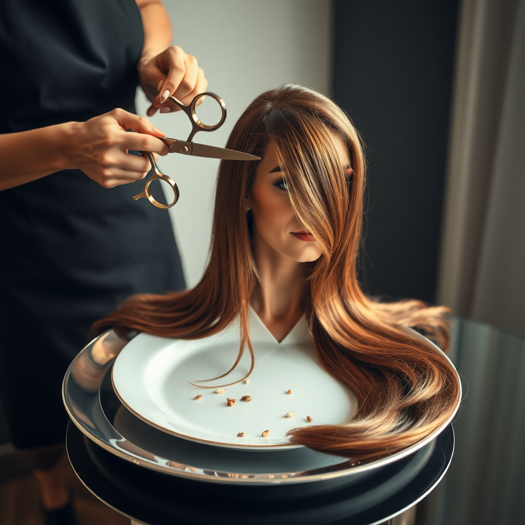 In a bizarre, surreal tableau, the polished surface of an elegant dining plate cradles the disembodied head of a strikingly beautiful Kate Middleton, her long, flowing hair cascading like a glossy waterfall of deep chestnut and honey highlights. The hair is luxuriously arranged, strands shimmering under the soft, ambient light that bathes the scene in an ethereal glow.

A skilled hairdresser, clad in a sleek black apron, stands poised with a pair of gleaming scissors, carefully trimming the endlessly luxurious locks that frame Kate's serene, almost ethereal features. The air is thick with the scent of salon products mingling with delicate hints of floral fragrances, creating an unusual yet strangely inviting atmosphere. The hairdresser's focused expression reveals a meticulous dedication as snippets of hair fall gracefully onto the pristine plate, echoing a sense of both artistry and absurdity.

The overall emotional tone conveys a dreamlike quality, inviting viewers to ponder the juxtaposition of beauty, identity, and the bizarre circumstances that bind them in this extraordinary moment.