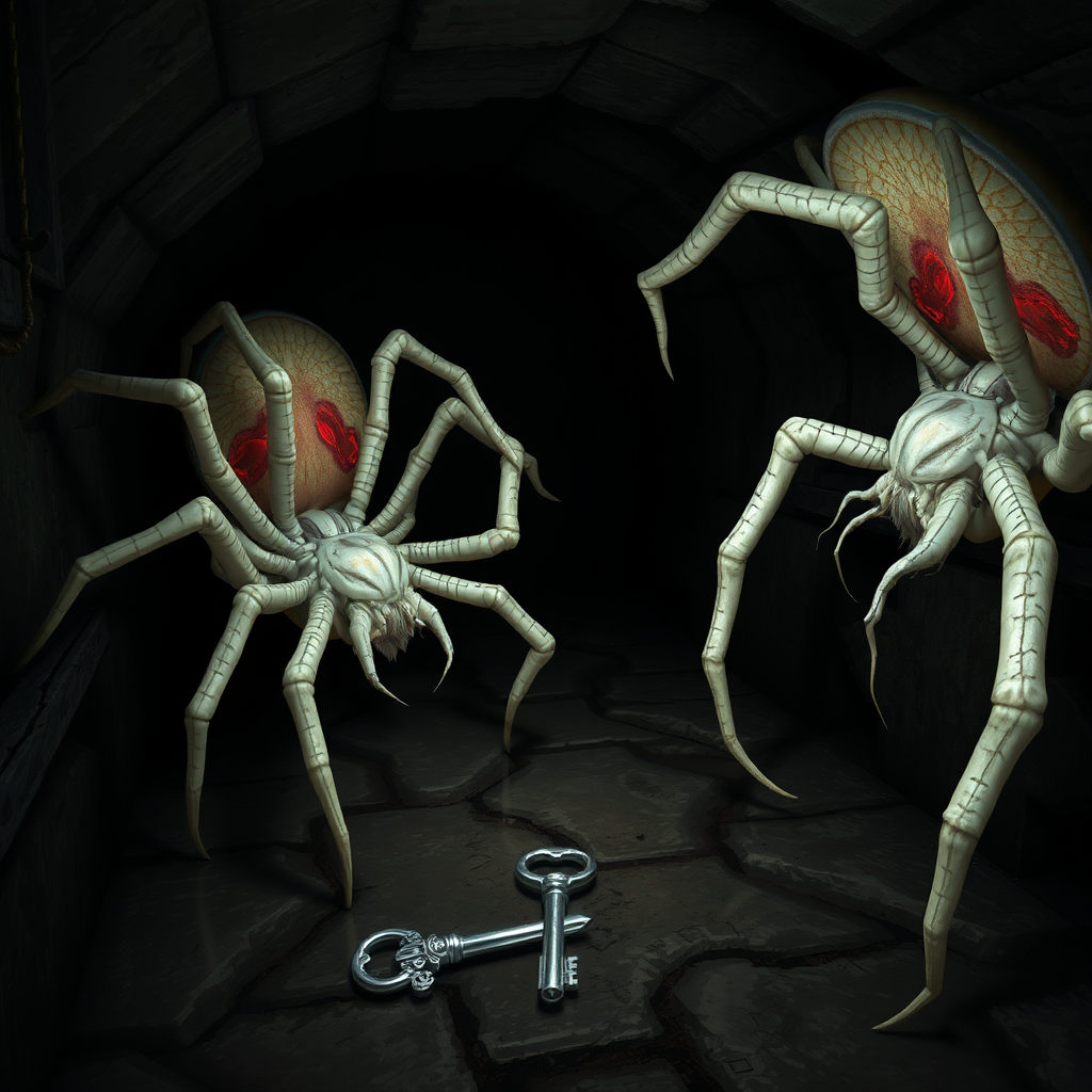 A dark basement medieval cellar with two large white spiders with red highlights crawling around and a long cocoon in the center of the floor with a silver key sitting beside the cocoon.