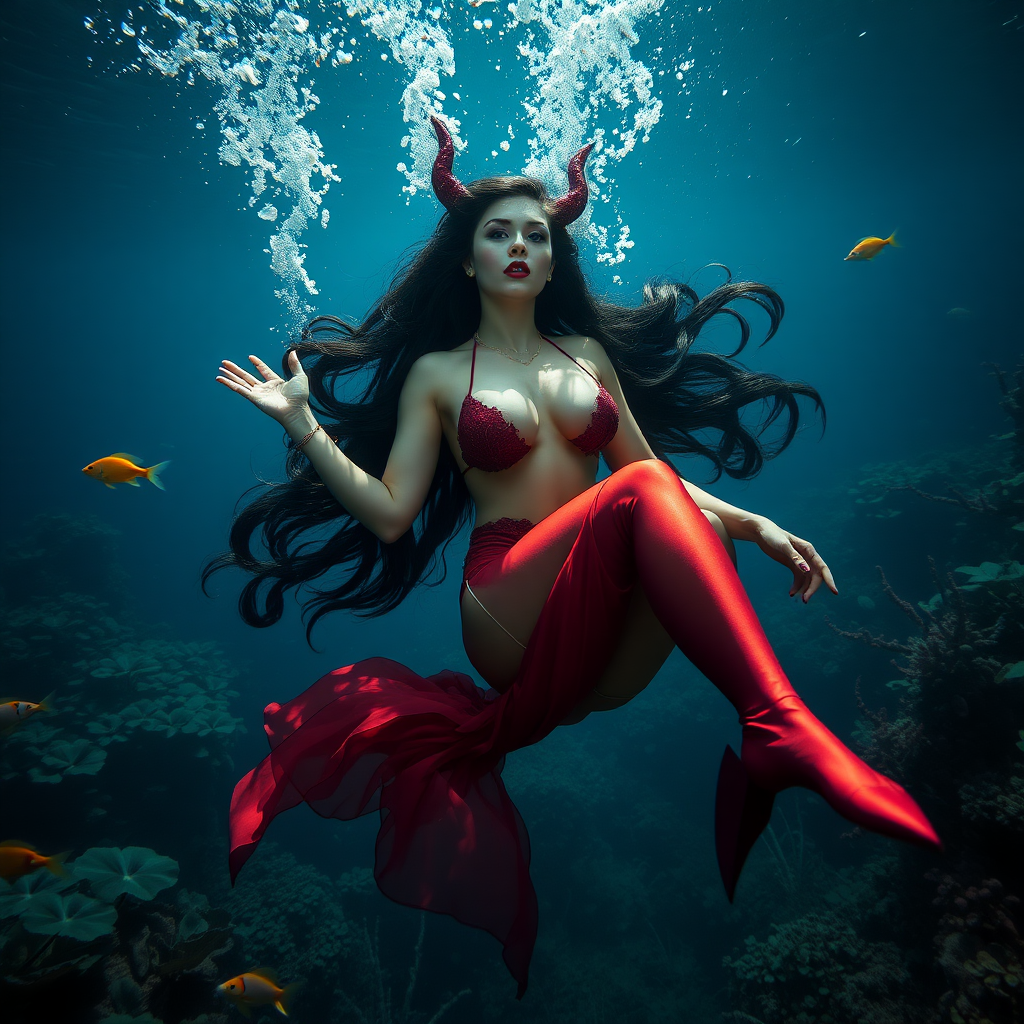 Vampirella floating underwater as a very sexy mermaid. The sea is deep and mysterious and filled with a myriad of ocean life plants, fish, and other aquatic life. Her glamor brought to real life in high definition DSLR. Dramatic lighting and shadows.