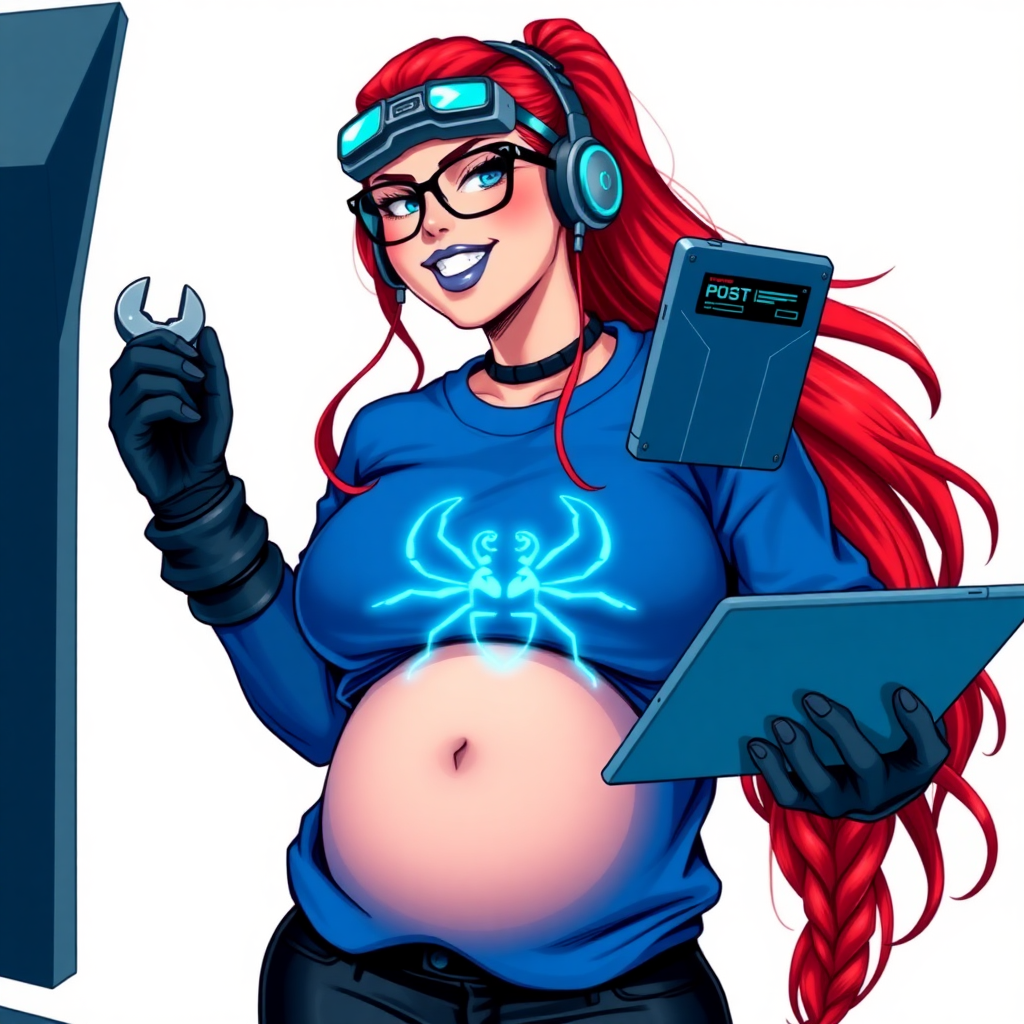 An intelligent and tech-savvy 28-year-old computer hacker and tech genius. She has a long ruby red ponytail. She wears maximum blue lipstick, blue eyes, a sapphire beetle gemstone necklace, sapphire earrings, black eyeglasses, hi-tech power gloves, and an oversized maximum blue shirt featuring a neon blue glowing beetle chest icon. She has a full-figured physique with a prominent round gargantuan midsection, reflecting her well-cared-for lifestyle. She sports a sapphire headset with a hi-tech maximum turquoise lensed HUD, and a beaming smile accentuated by a passionate neon red blush. She serves as his tech expert from his hideout, holding a futuristic tool wrench and a futuristic digital tablet. The background is solid white. She is drawn as if she was in a retro 2D cyberpunk fighting game.