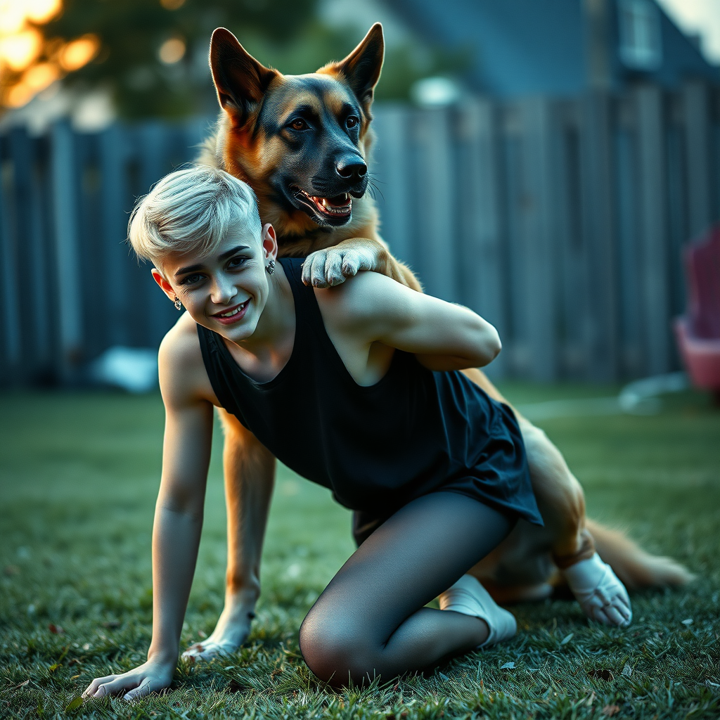 photorealistic, ultra high resolution, 16K, surreal fantasy, studio lighting, a pretty 16 year old goth male, slim male physique, short blonde hair, goth makeup, earrings, pantyhose, white ballet shoes, playing with his large dog in the yard - he is kneeling forward, while the dog stands up behind him and rests its paws on the boy's shoulders, excited smile, facing the camera.