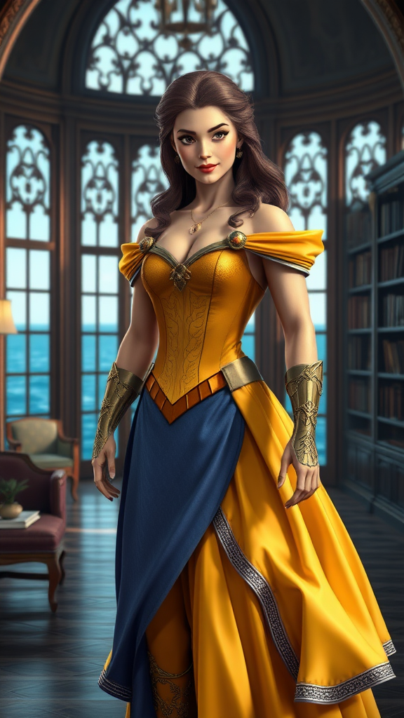 Create a hyper-realistic image of Belle from Beauty and the Beast with a modified body type resembling Aquaman's muscular physique. Maintain Belle's original head and facial features intact, but transform her figure to be more athletic and powerful. Dress her in an outfit that blends elements from both characters, suitable for her new form. Set the scene in a grand library with large windows overlooking the sea, combining Belle's love for books with Aquaman's aquatic realm. Ensure the lighting and details are vivid and lifelike.