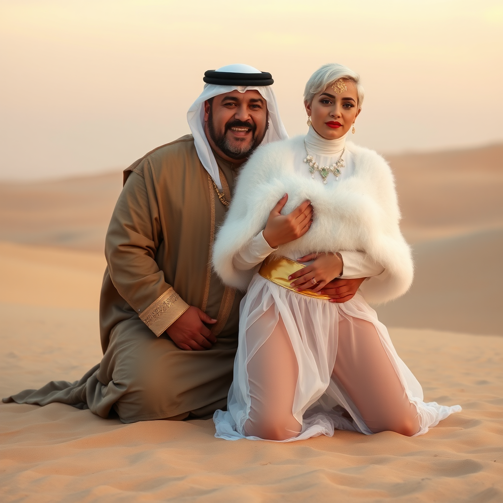 Kuwait desert dunes misty dawn: Melissa, European 17 years old very convincing femboy “trophy-bimbo”, tamed servile docile, very beautiful feminine flawless face, rather short boyish figure, platinum blond short tight curls, bold red lips, heavily made-up face, wearing Supertanya-style fluffy very fuzzy bright white angora turtleneck-poncho cropped ending under bust decorated with pearls and gemstones, striking oriental wide gold bridal protection belt, white fully transparent harem pants, full Oriental bridal jewelry with striking headpiece, full Oriental face-jewelry, striking diamond “$$$” letter brooch on left chest, pout frustrated, hands tied behind back, kneeling in sand with older overweight mighty sheik laughing, devotedly embracing Melissa..