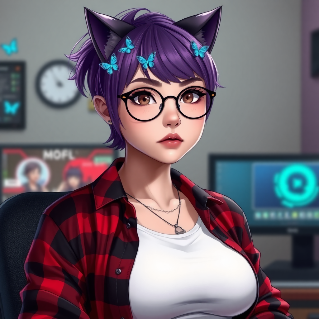 Female lesbian cat-man with a large chest, size 90E, no makeup, serious with small blue butterflies on her head, a round face, with a purple undercut hairstyle, hazel eyes, dimples on her cheeks, chubby cheeks, wearing semi-round glasses, a red and black plaid shirt unbuttoned over a white t-shirt, in front of a gaming PC, in digital art.