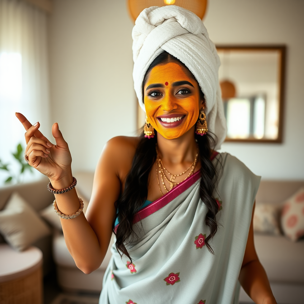 slim, 30 year old, indian Bride, towel head, turmeric face mask. She is happy and dancing in living room.