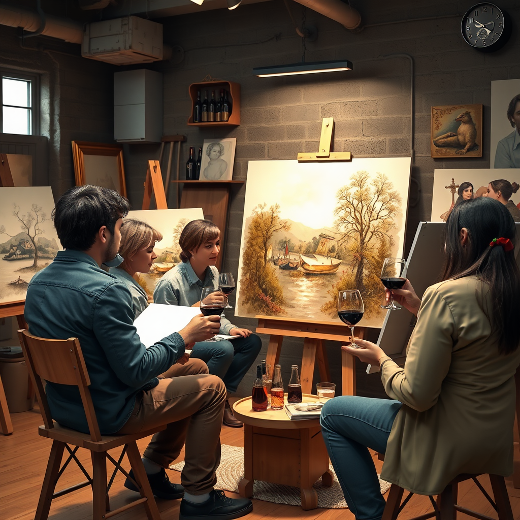 create a photo realistic image of a group of people sitting in an art studio drawing a picture while some of them drink wine while they are painting. Make the image rectangle and not square