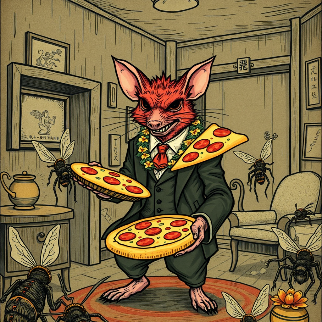 A well dressed handsome rat demon delivering Hawaiian pizza to angry bees in a decayed apartment, Chinese woodcut