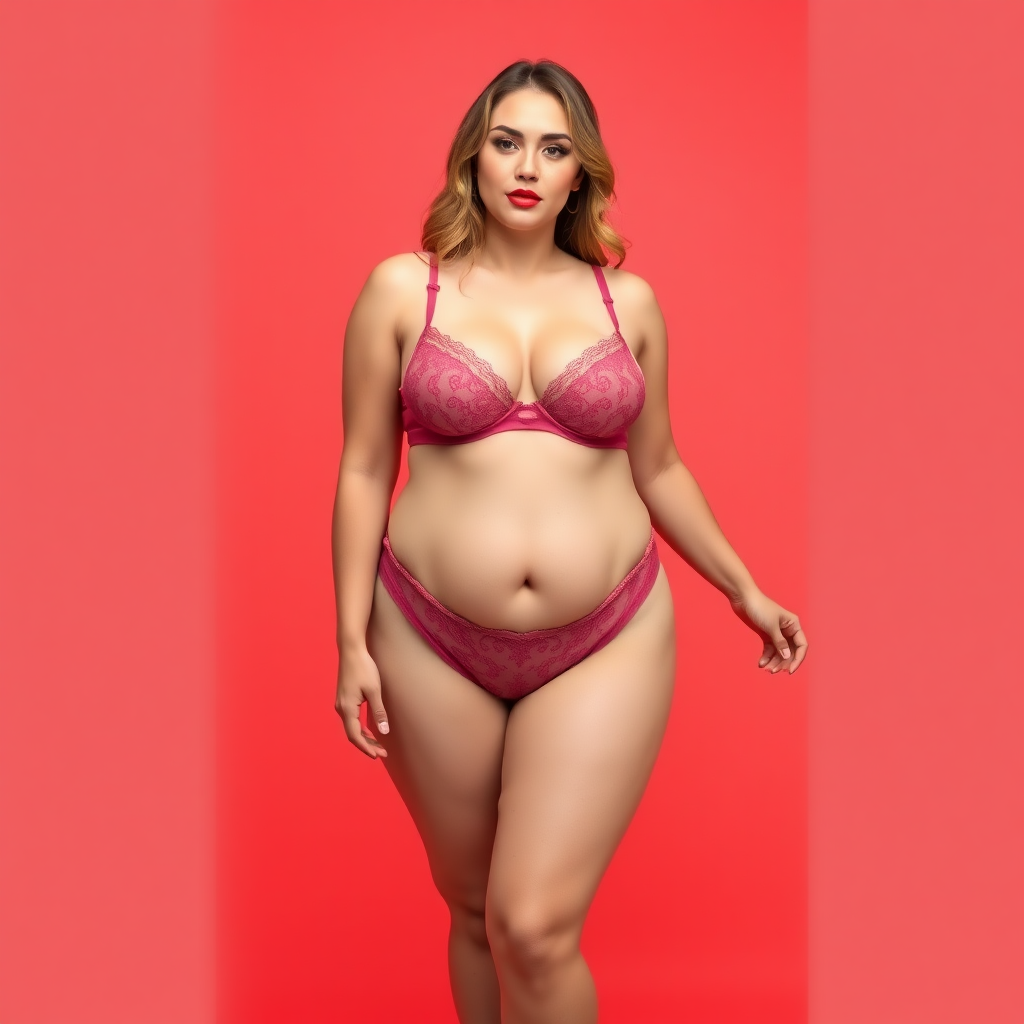 Positive Prompts: A lingerie advert featuring a rubenesque model. She should be shown full height. She is wearing a matching set of lingerie. The image should be on a simple brightly coloured backdrop. Negative Prompts: Text