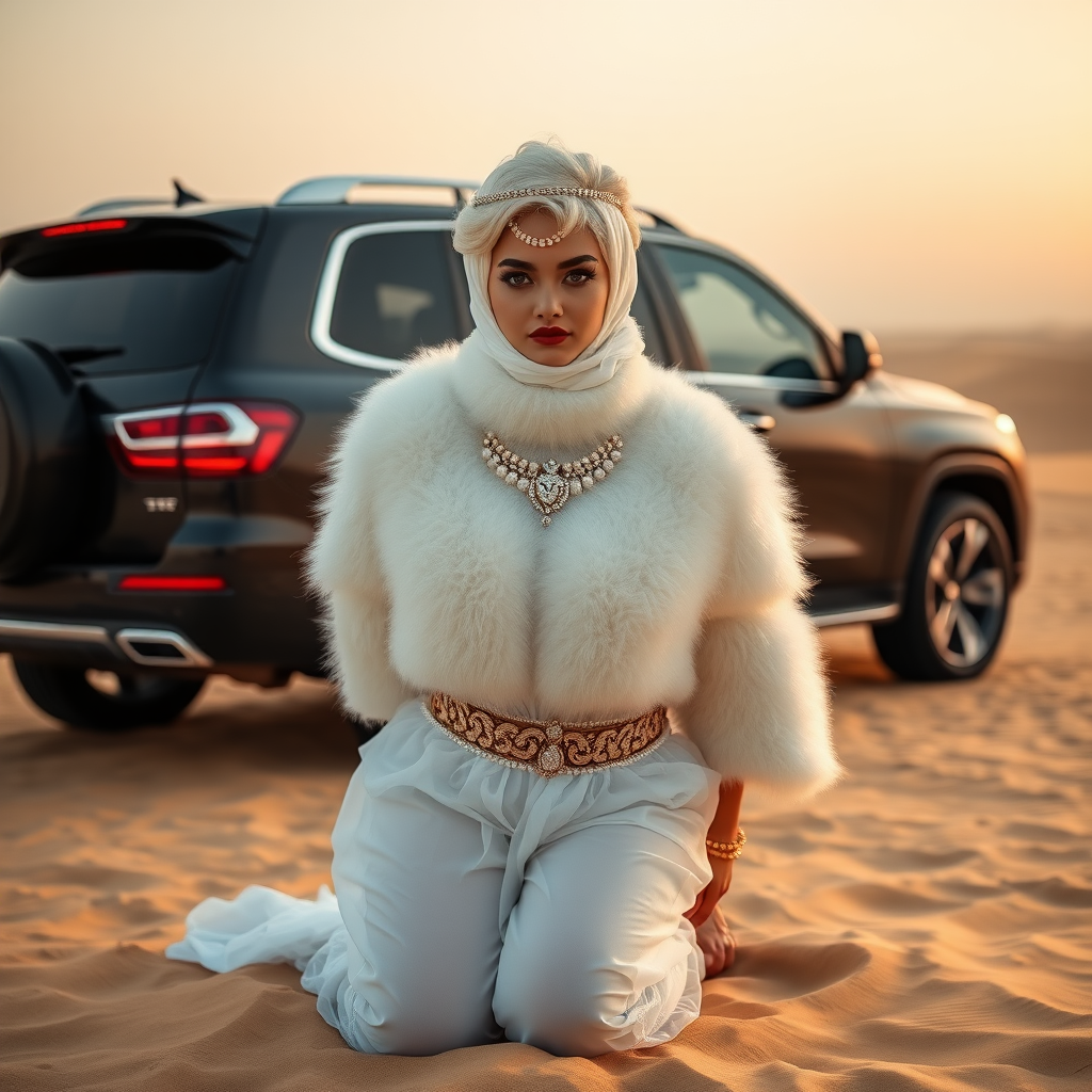 Kuwait desert dunes misty dawn, full size luxury SUV: Melissa, European 17 years old very convincing femboy “trophy-bimbo”, tamed servile docile, very beautiful feminine flawless face, rather short, by hormones very curvaceous womanly figured, platinum blond short tight curls, bold red lips, heavily made-up face, wearing Supertanya-style fluffy very fuzzy bright white angora turtleneck-poncho cropped ending under bust decorated with pearls and gemstones, striking oriental wide gold bridal protection belt, white fully transparent harem pants, full Oriental bridal jewelry including headpiece, face partly covered by white transparent harem-style face veil, coin anklets, striking diamond “$$$” letter brooch on left chest, pout frustrated, hands tied behind back, kneeling in sand in front of SUV, looking at camera. Focus on face and turtleneck-poncho.