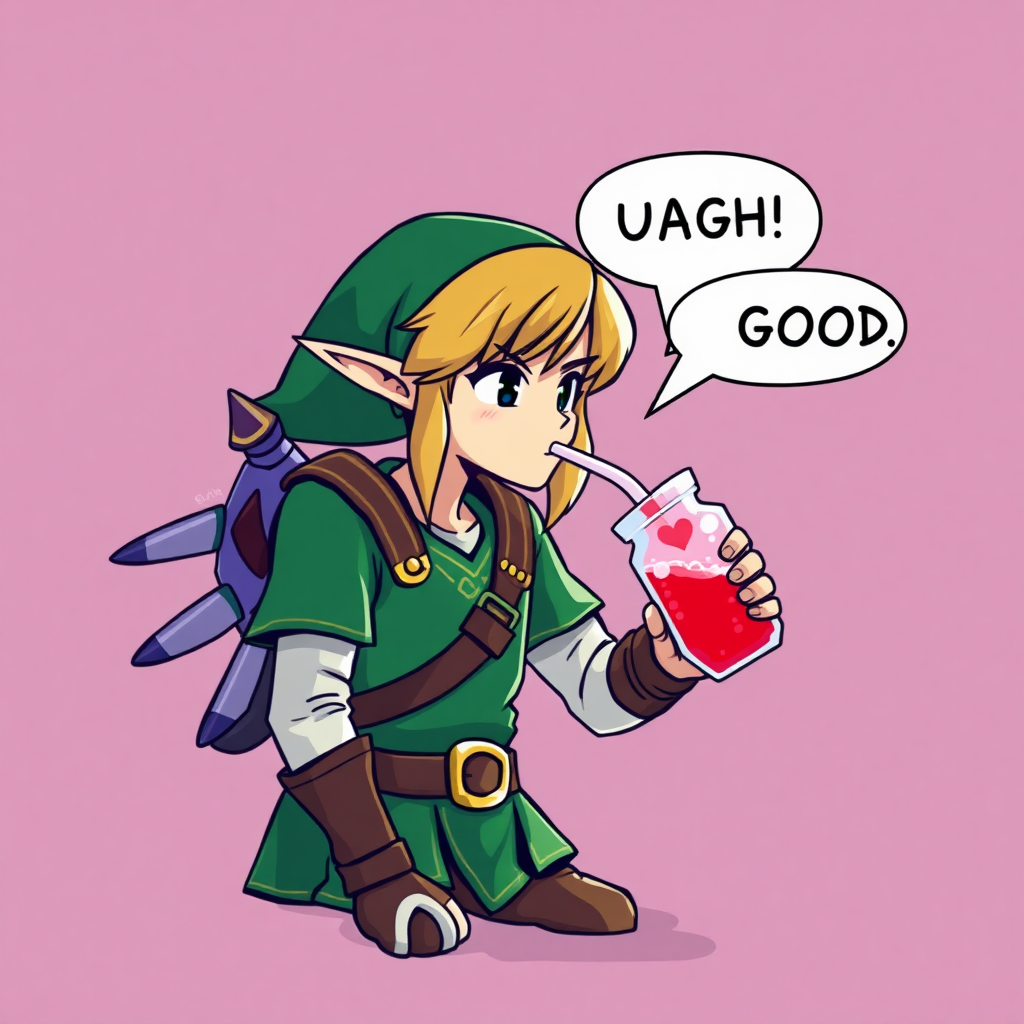 Link drinks the red health potion and says: "UAGH!" "GOOD"