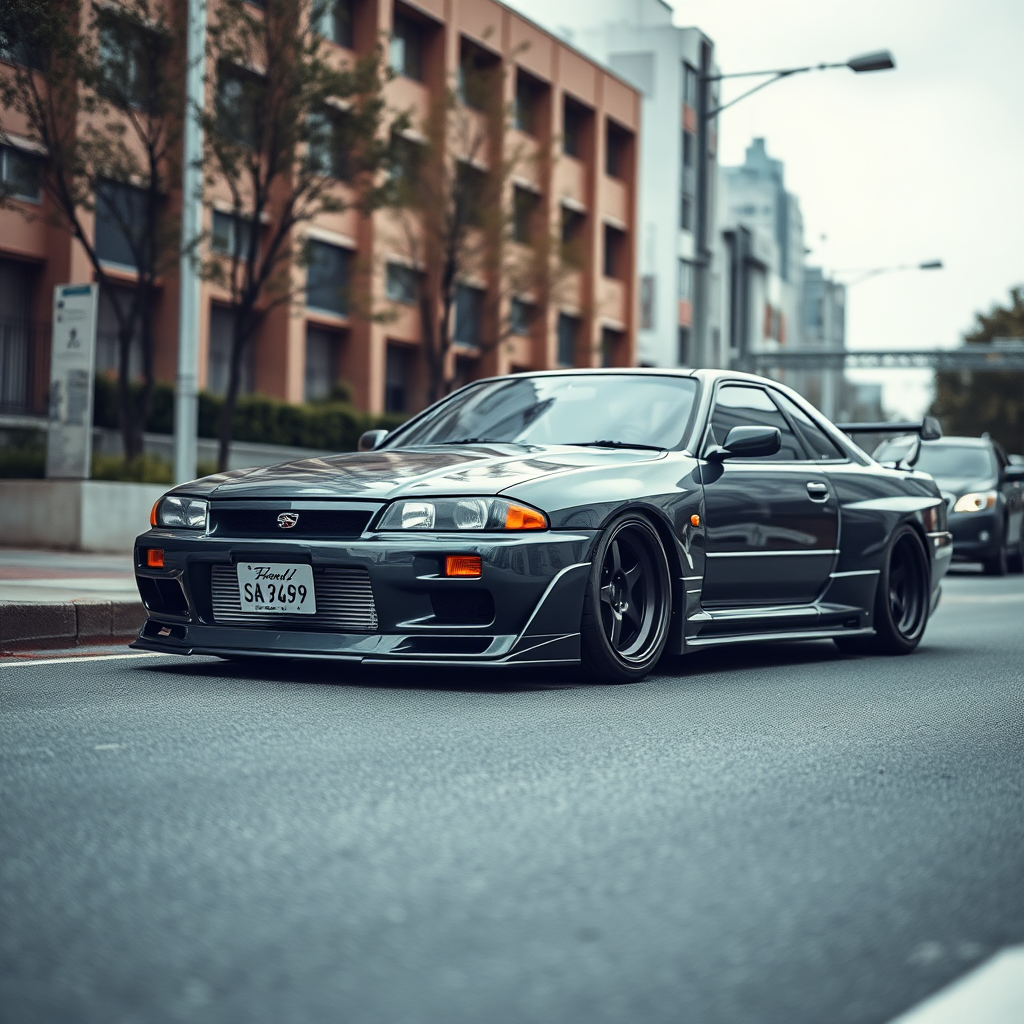 the car is parked on the side of the road, inspired by Taiyō Matsumoto, tumblr, restomod, nd4, c4 metallic shine gray black nissan skyline r34 tokyo arkaplan hatasız tam eksiksiz ayrıntılı genel gerçek detaylar en iyi fotoğraf poz sinematik hafif yağış su damlalar ıslak yol need for speed tarzı body kit