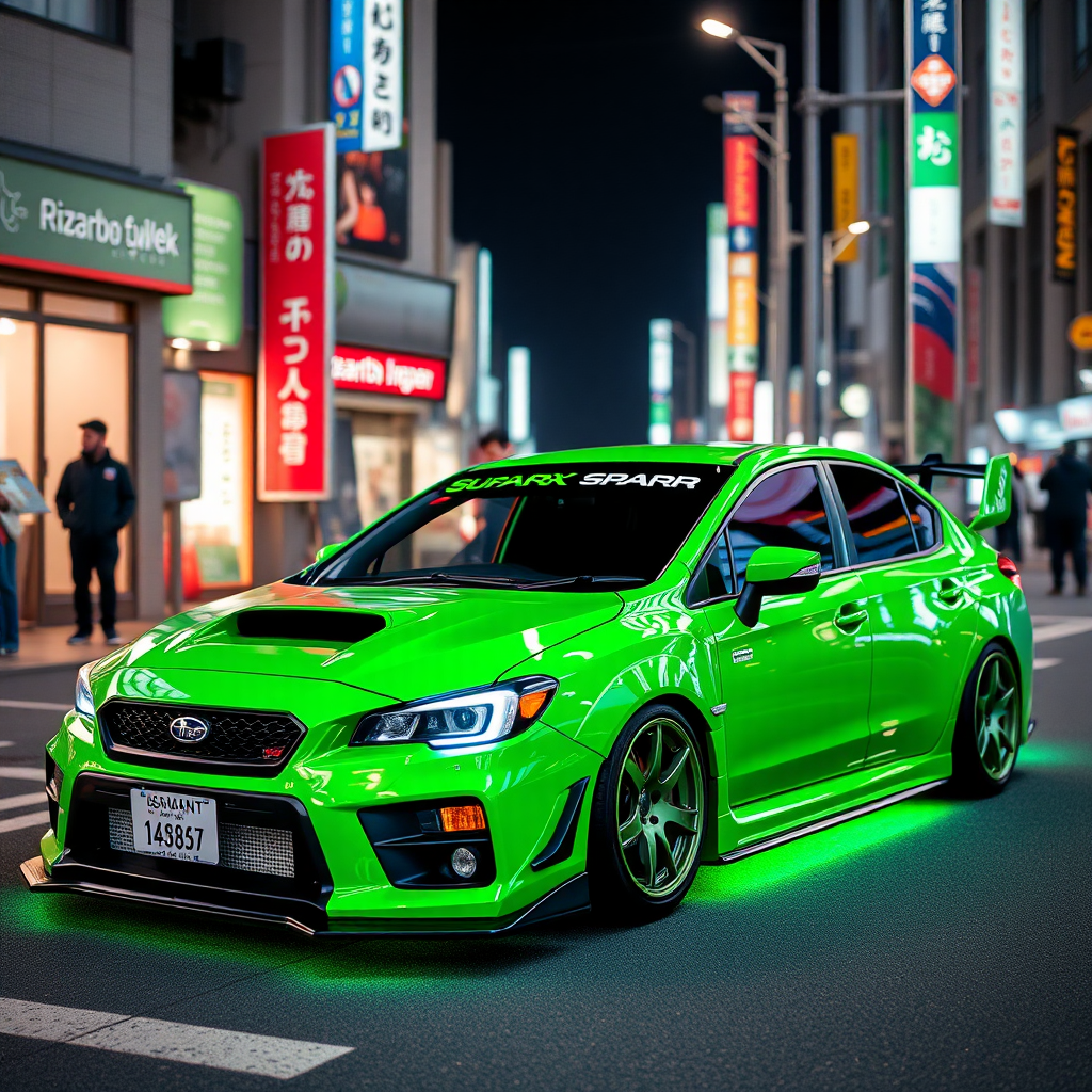 A green Subaru Impreza WRX tuning with green neon in Tokyo.