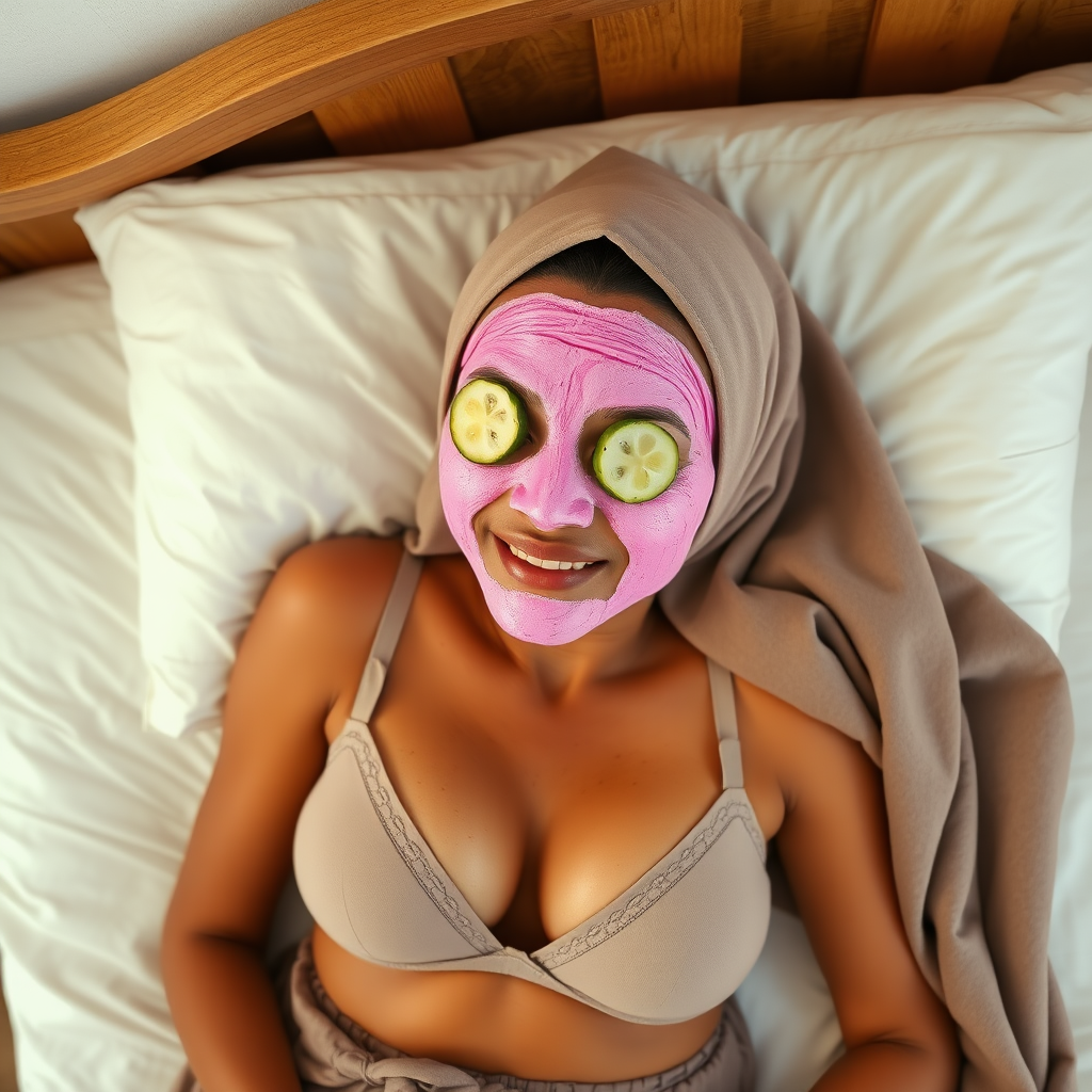 A skinny, traditional, 30 year old Indian wife with a hijab, wearing a bra and skirt, lying on a bed. Her face is covered with a pink face mask, and her eyes are covered with cucumber slices. She looks satisfied from her facial expression.