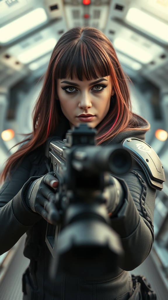 stunning Danish woman, 20 years old, dark eyeshadow, make-up, long hair, bangs, multicolored hair highlights, hair between eyes, wearing body armor (black with red accents), holding assault rifle, aiming at viewer, on futuristic spaceship bridge, Perfect Composition, realistic photographic image, RAW photo highest quality, perfect directional lighting, high contrast, viewed from in front of them, dynamic image, slow shutter speed