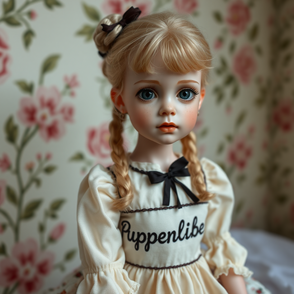 ooak art doll, artist doll, realistic doll, life-like porcelain doll, young preteen girl, unique personality, bisque doll, floral wallpaper, text "Puppenliebe" on dress