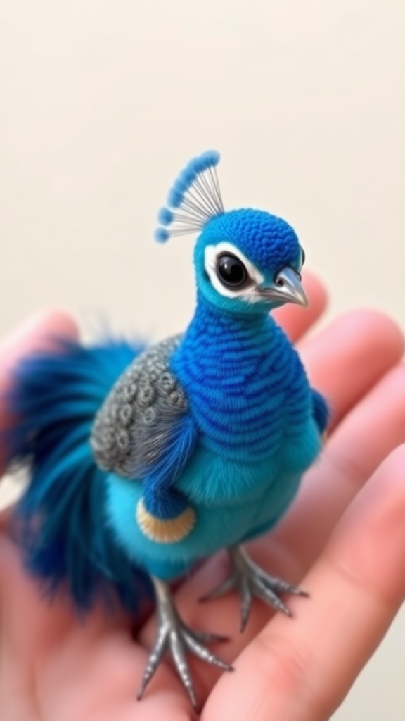 A small tiny cute chubby big eyes big perfect tail real blue dancing peacock with tail on hand