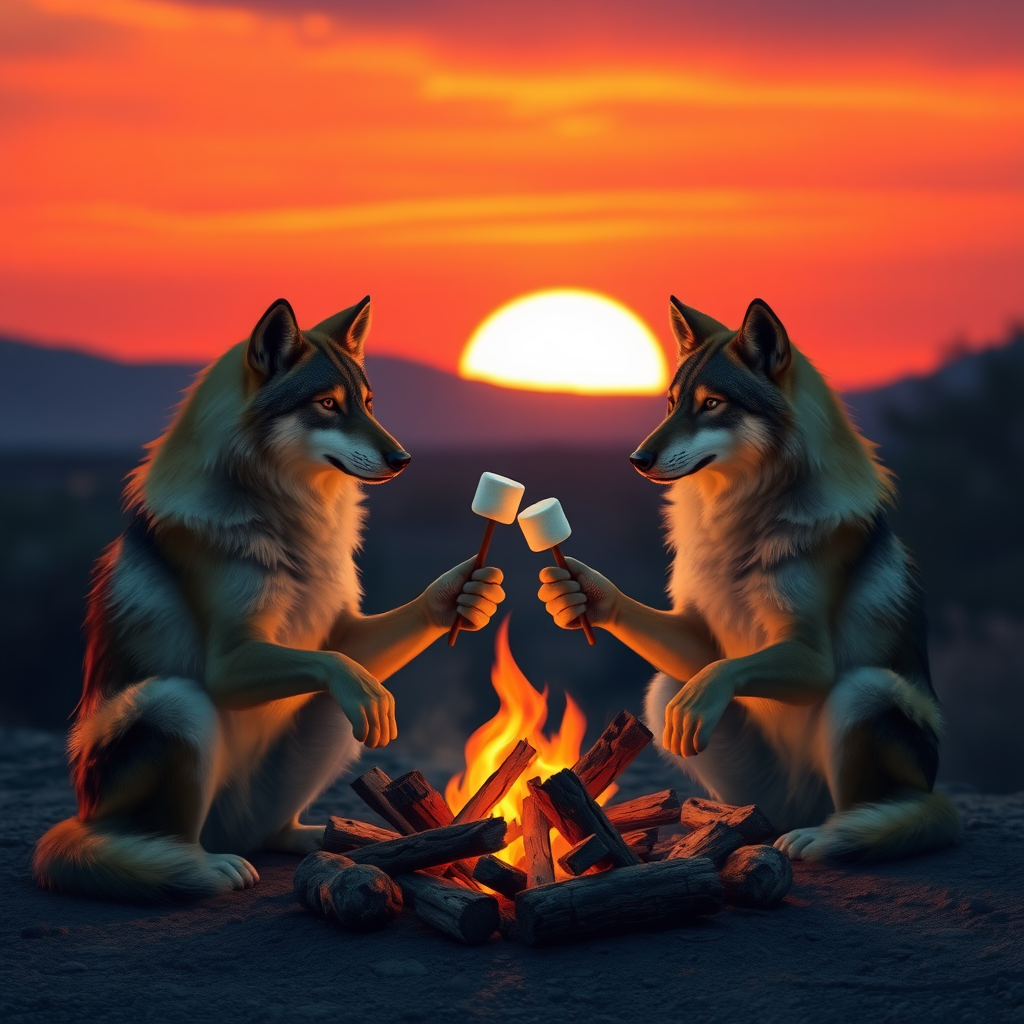 Arizona sunset with two wolves sitting around a campfire holding sticks with their paws that have roasted marshmallows at the end of them.