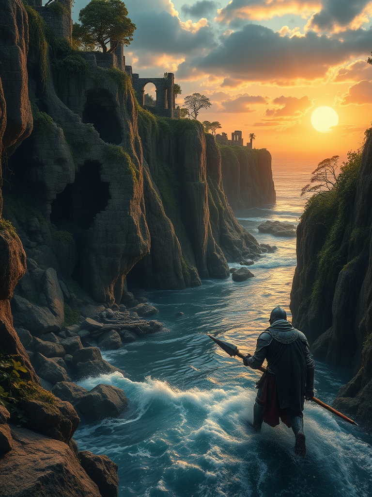 an epic cinematic low camera angle of a wounded knight navigating a precarious river, imposing cliffs with interesting rock formations with overgrown nature embedded ruins, hanging vines foliage, trees, and sporadic dead skeletons and armor from dead warriors the cliffs reveal background the ocean in a sunset with a big sun and dramatic clouds