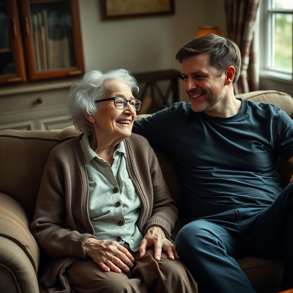 In a scene viewed from an angle and slightly above: In an old-fashioned English living room, a very frail and thin, very elderly English lady with a kind smile, short, thinning white curly hair, wrinkled face, neck and skin, wearing thin framed glasses, an old cardigan, blouse and long skirt is sitting on a sofa with an English man about 40 years old, grey stubble on his chin, brown hair, sitting close next to her on the same sofa, wearing a black T-shirt and dark blue jeans. The man and woman are smiling at each other. The woman is looking at the man's eyes and smiling. The man is looking at the woman's eyes and smiling.