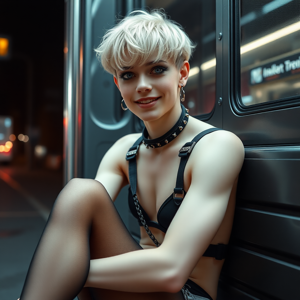 photorealistic, ultra high resolution, 16K, surreal fantasy, studio lighting, a pretty 16 year old goth boy, slim male physique, short blonde hair, goth makeup, earrings, pantyhose, harness, spikey dog collar and leash, trainer-bra, white ballet shoes, sitting at the bus stop, excited smile, facing the camera.