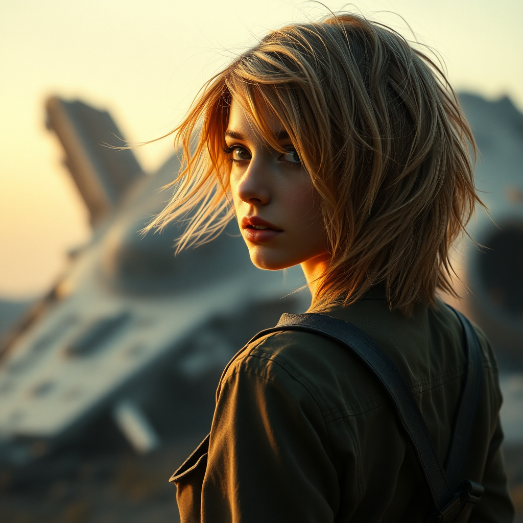 A full body shot from behind of a pretty twenty-something female with a face resembling (ana de armas). strawberry blonde messy shoulder length hair tussled by wind. military outfit. it is dawn. There is a giant crashed spaceship out of focus in the background. Hyper-realistic, Photorealistic digital matte painting, soft focus, film grain, lens flare. gritty, dirty, scuffed.