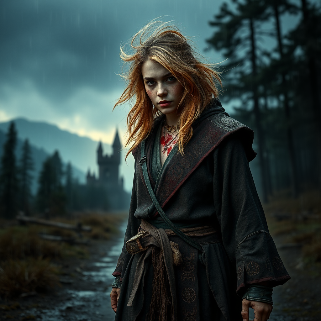 A full body shot of a pretty twenty-something female orc wizard with a face resembling (ana de armas), walking towards camera unsteadily. strawberry blonde messy shoulder length hair tussled by wind. robes covered in runes, magic aura swirling around her visibly. it is dawn. she is bleeding, and covered in soot and dirt. There is a ruined castle out of focus in the background. forest and mountains, rain.  Hyper-realistic, Photorealistic digital matte painting, soft focus, film grain, lens flare. gritty, dirty, scuffed.