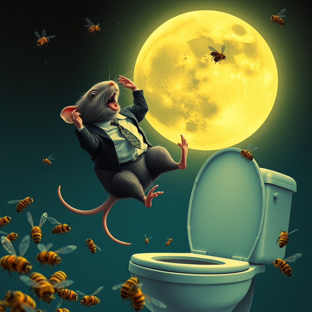 A rat politician diving off the moon into a toilet, bees, 2000s musical movie poster, no text, cyberpunk