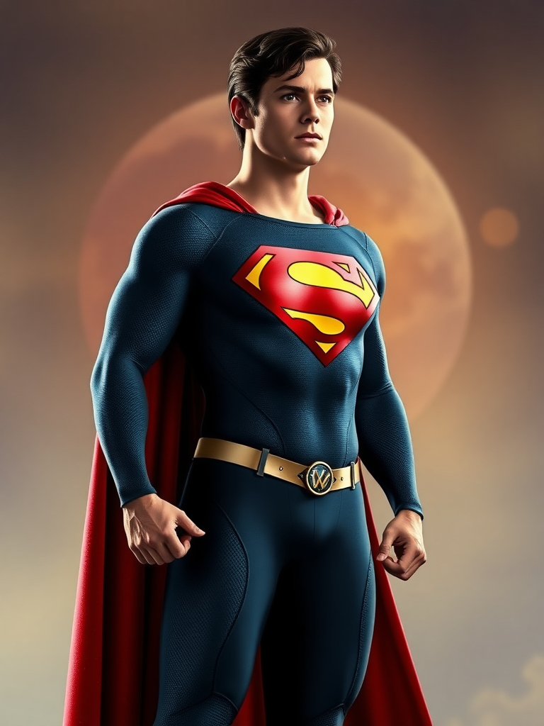 Create a full-length image of Superman using the body of Velma Dinkley: keep Superman's head, hairstyle, and facial features intact. Retain Superman's costume, incorporating embellishments from Velma's attire, and adjust the costume for the new proportions. Design the background by blending elements from both characters' worlds for a harmonious and creative backdrop.