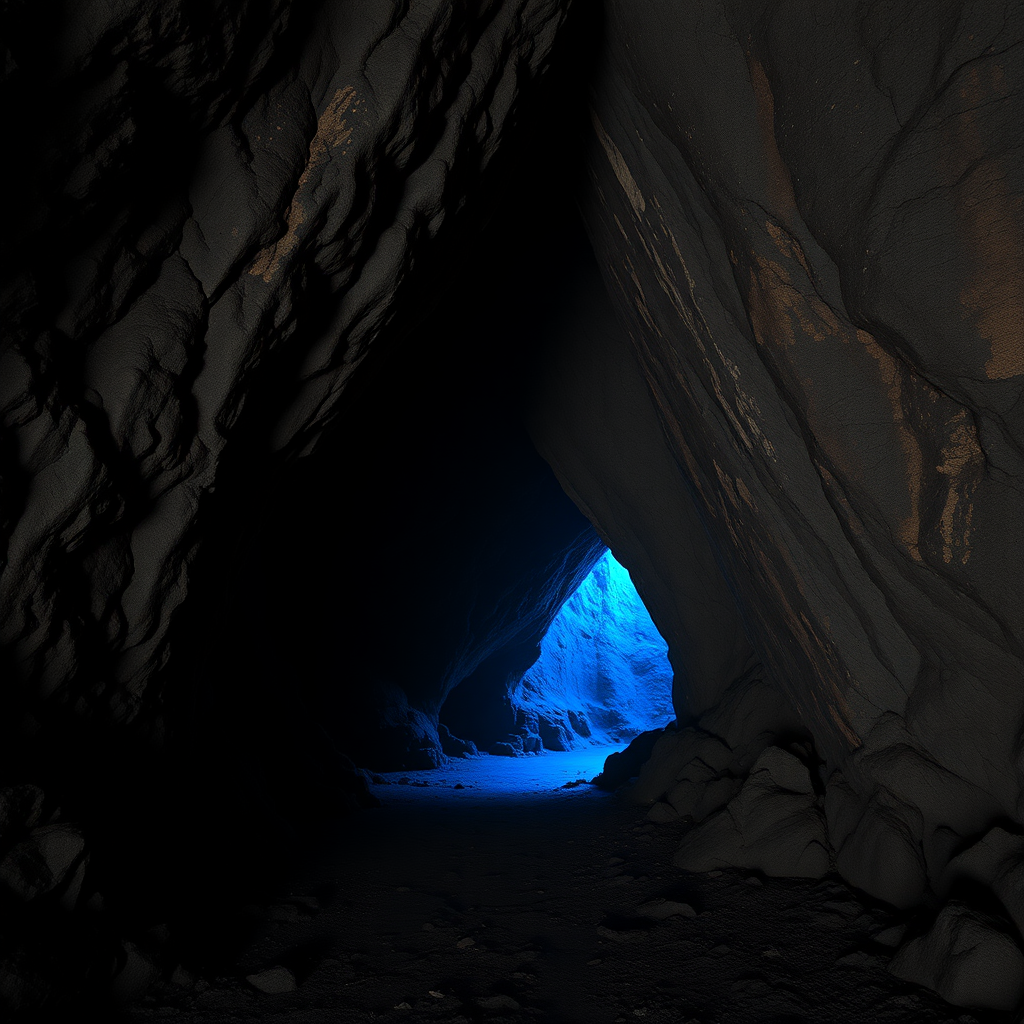 High quality, A dark cavern entrance that is shaped like a vagina/vulva leading to a blue-glow