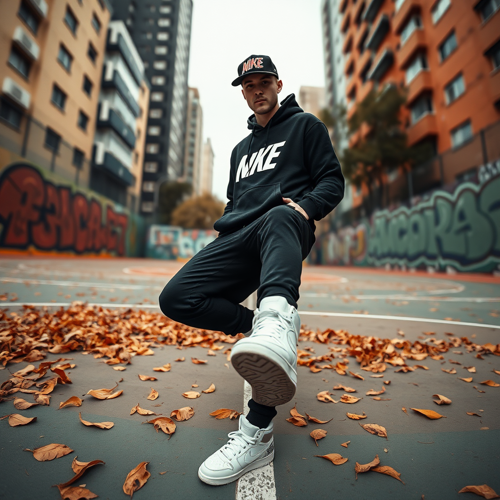 Low angle full body street fashion shot. Brazilian male, 37, wearing black graffiti cap, with the letters "ACV2" in graffiti style a shaved head. black Al Nassr I 23/24 Nike Men's Fan Shirt, black Nike sweatpants, white Air Jordan Mid 1 sneakers, posing on basketball court in Rio de Janeiro favela during autumn, brown fallen leaves on the ground. Modern and stylish vibe. Centered in the frame, bold, low-angle, full-length street fashion shot of a confident 37-year-old Brazilian man, shaved head covered with graffiti-emblazoned cap, wearing a sleek black Nike hoodie and matching sweatpants, with the letters "ACV2" in Nike style font, contrasted with white Air Jordan Mid 1 sneakers, standing assertively on a vibrant, graffiti-emblazoned basketball court in a Rio de Janeiro favela during the fall, surrounded by a carpet of warm, rusty fallen leaves, with the cityscape blurred in the background, captured with a wide-aperture lens, such as the Canon EF 24mm f/1.4L II, to emphasize the subject's strength and modern style, with shallow depth of field.