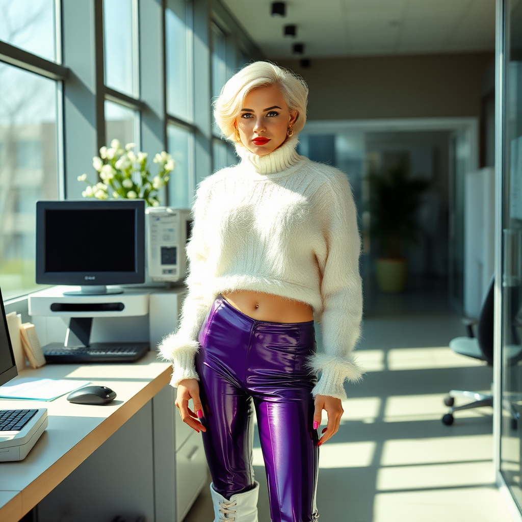 Sunny spring morning, modern glass-steel-concrete office, standing gracefully at Xerox: Nina, 17 years old very convincing femboy, tamed servile docile, very beautiful feminine flawless face, rather short, by hormones very curvaceous womanly figured, platinum blond short tight curls, French nails, bold red lips, heavily made-up face, 80s fluffy very fuzzy bright white angora extremely-cropped batwing-sweater with oversized fuzzy turtleneck, purple shiny vinyl leggings, white boots with golden high heels, white pearl belly piercing, gold earrings, seductively looking at camera. Full view.