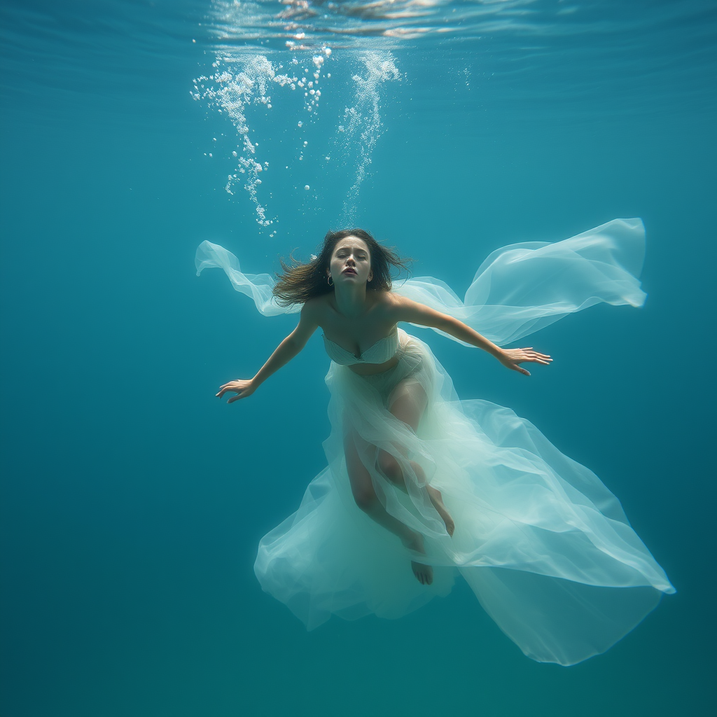 Ethereal beauty swimming underwater in gossamer diaphanous flowing gown, bubbles and waterflow is visible