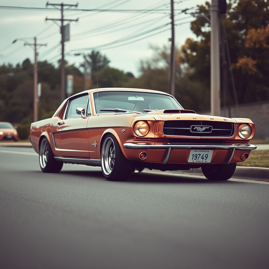 the car is parked on the side of the road, inspired by Taiyō Matsumoto, tumblr, restomod, nd4, c4 metallic shine classic american low rider ford mustang